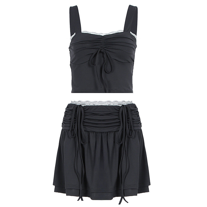 Dame mode crop top og nederdel sæt med rynker og bindedetaljer Skovae