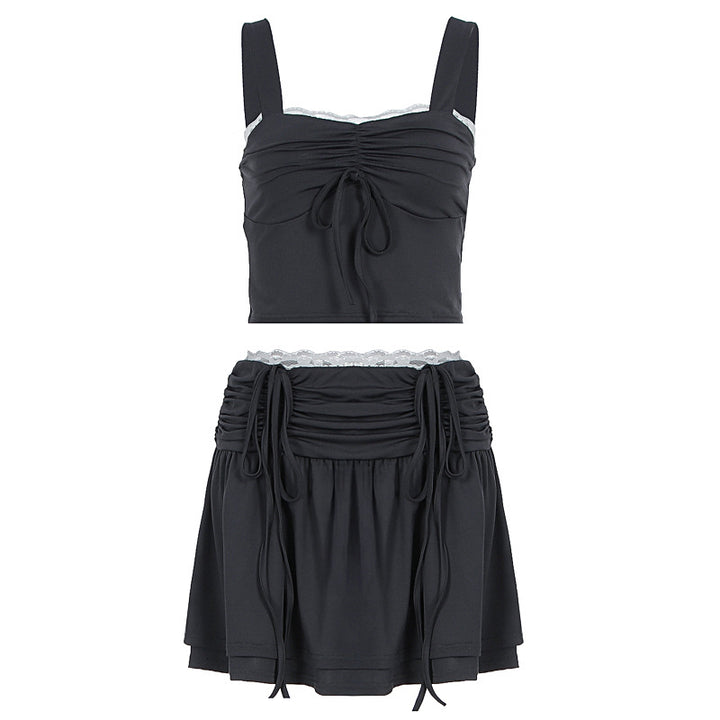 Dame mode crop top og nederdel sæt med rynker og bindedetaljer Skovae