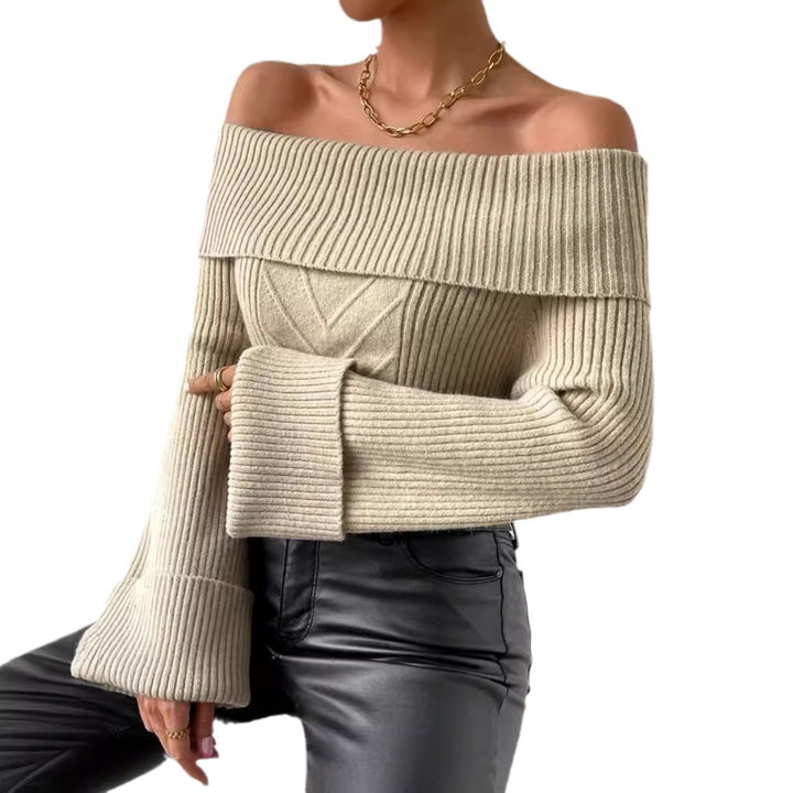 Dame Off-Shoulder Strikpullover med bredt bånd og ribstruktur Stilla