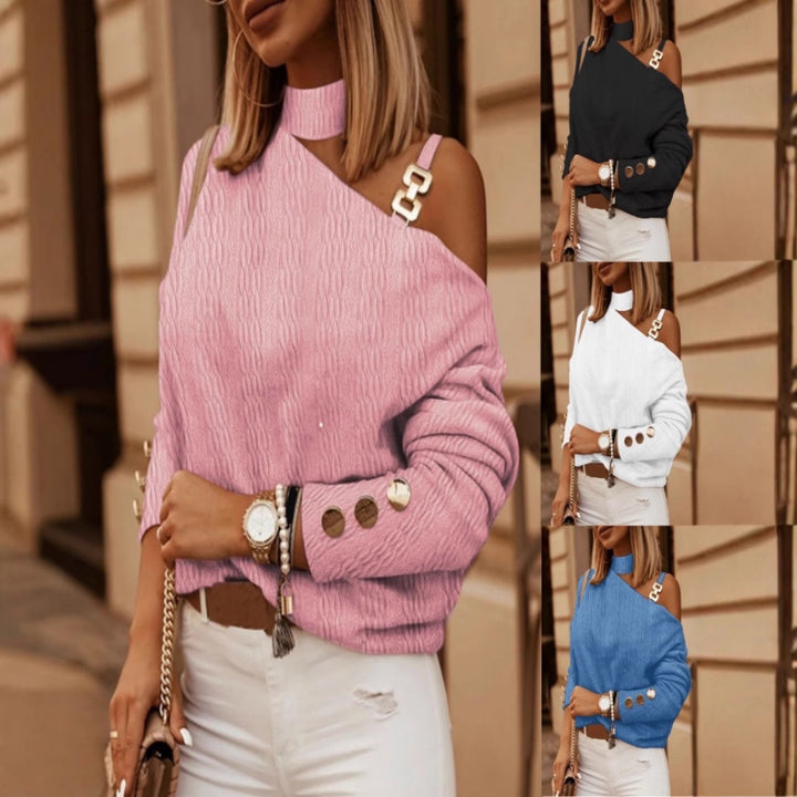Dame elegant strikbluse med asymmetriske cut-outs og dekorative knapdetaljer Stilla