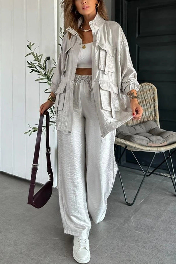 Dame Casual-Look Utility-Sæt i skinnende stof med lommer Stilla