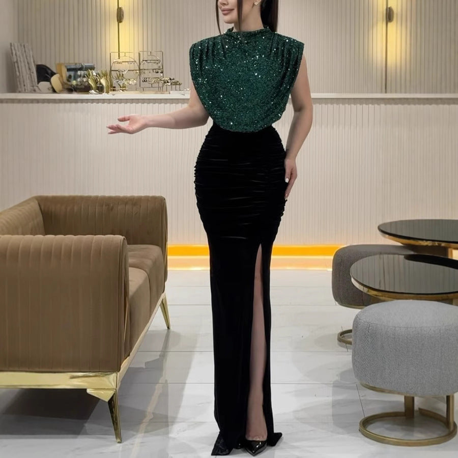 Dame Glamourøs Aftenkjole med skinnende overdel og elegant slids Stiila
