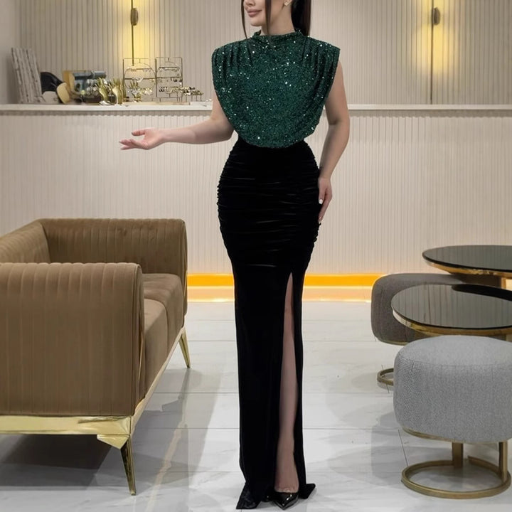 Dame Glamourøs Aftenkjole med skinnende overdel og elegant slids Stiila