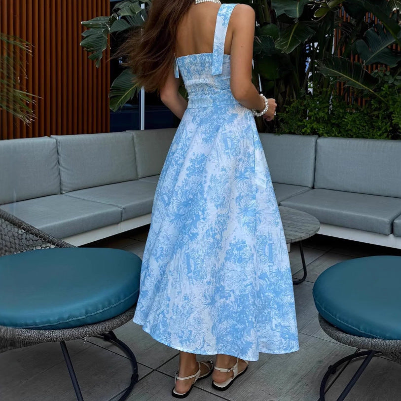 Dame elegant maxikjole med firkantet udskæring og nostalgisk blomstermønster Stilla