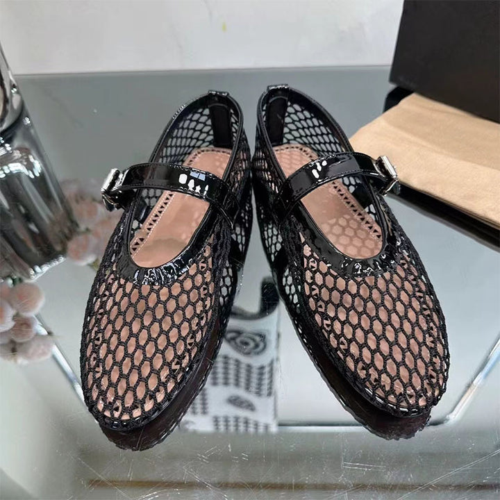 Femme Elegante Mesh Ballerina Flats med dekorativ rem Stilla