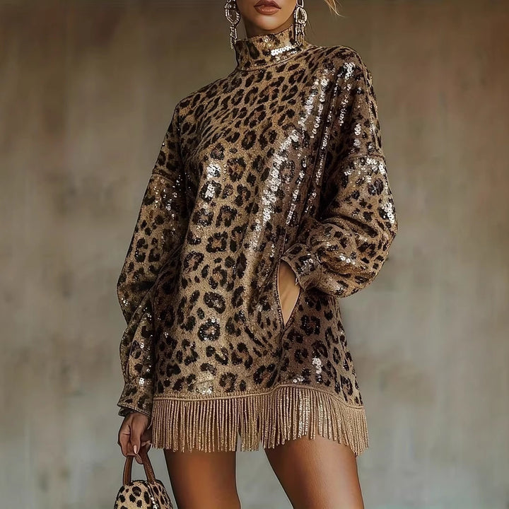 Kvinders glitrende kort kjole med leopardprint og frynser Skovae