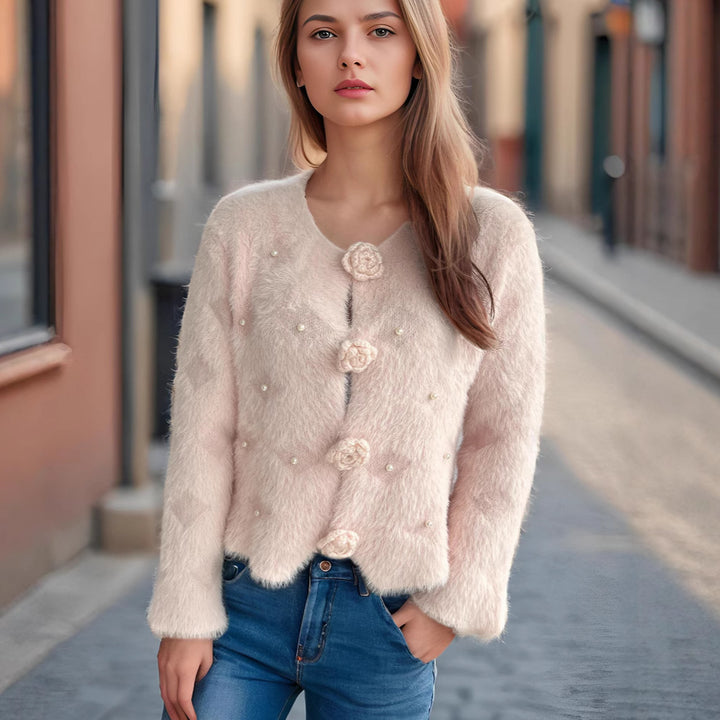 Kvinders fine cardigan med blomsterapplikationer og perleaccenter Stilla