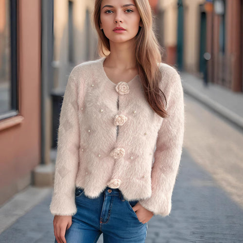 Kvinders fine cardigan med blomsterapplikationer og perleaccenter Stilla