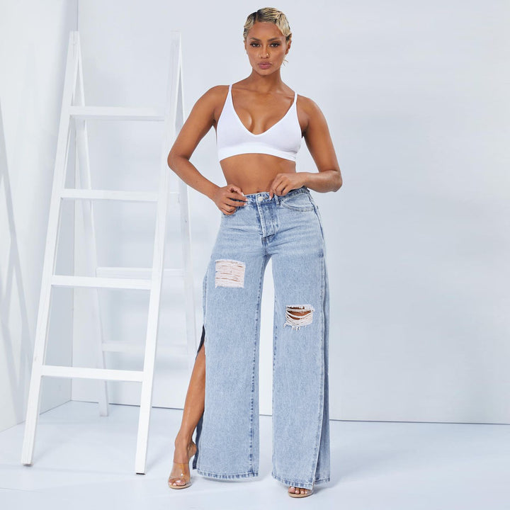 Dame bred jeans med moderigtige revnedetaljer og sidelæg Stilla