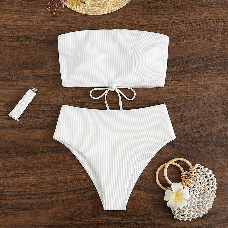 Dame bandeau-bikini med høj talje og ribbet design Skovae