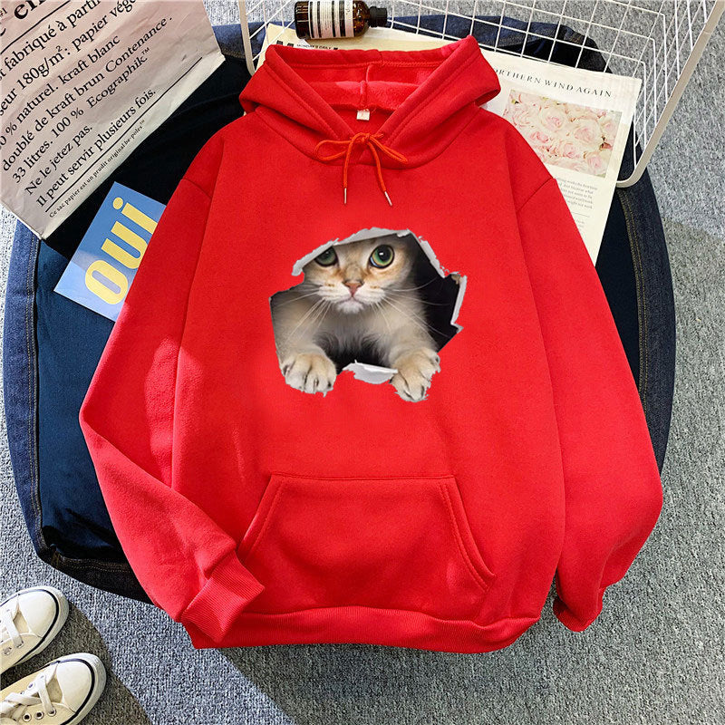 Kvinders hættetrøje med unikt kat design Skovae