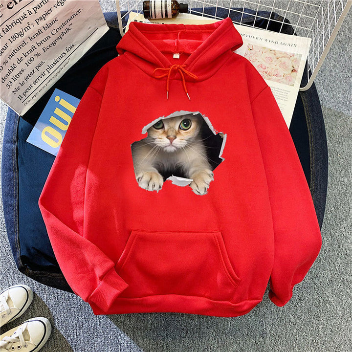 Kvinders hættetrøje med unikt kat design Skovae