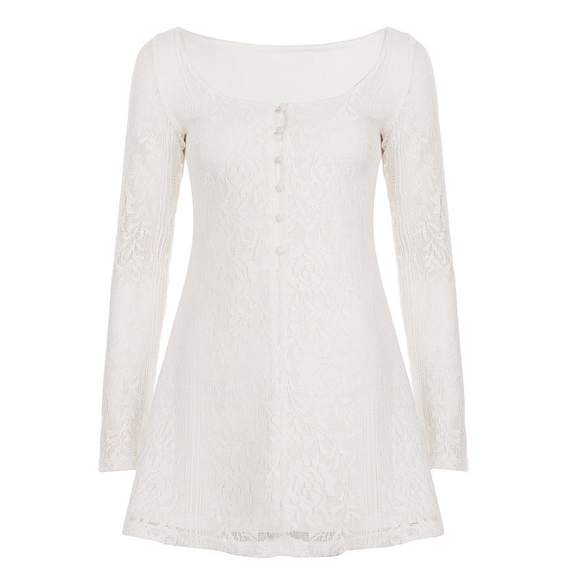 Damen elegantes Kleid mit Spitzenärmeln und Knopfdetails Skovae