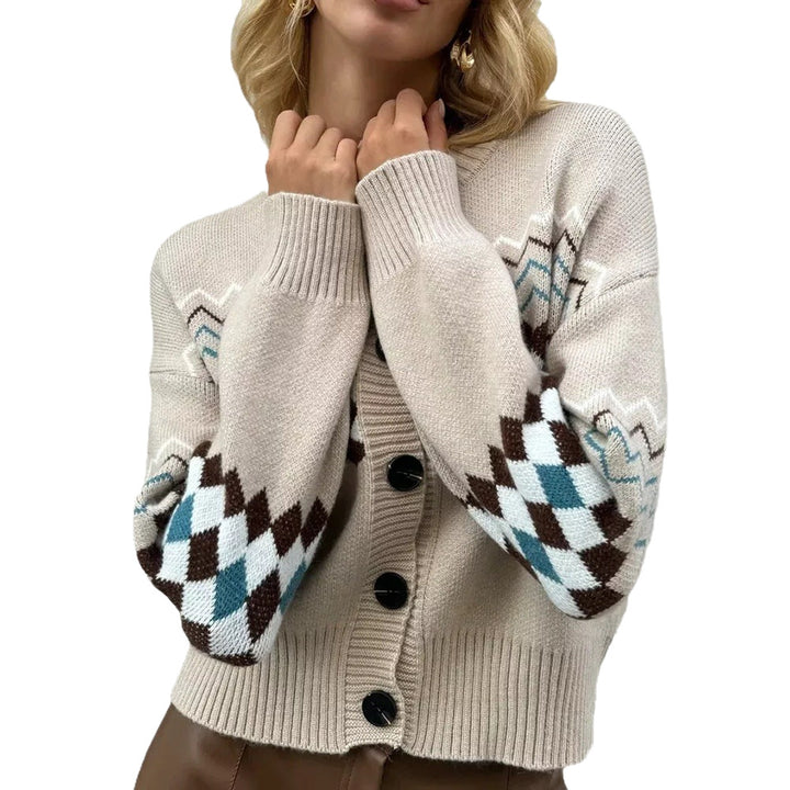 Kvinders cardigan med moderne diamantmønster og knaplukning Stilla