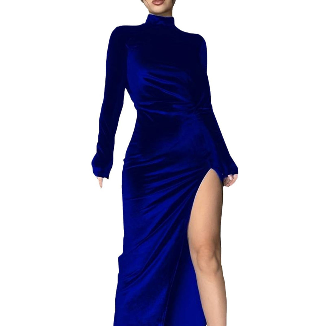 Kvinders maxi-kjole med høj slids og elegant stående krave look Stilla