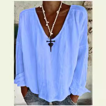 Kvinders lette V-hals bluse top med casual pasform og elastiske ærme manchetter Skovae