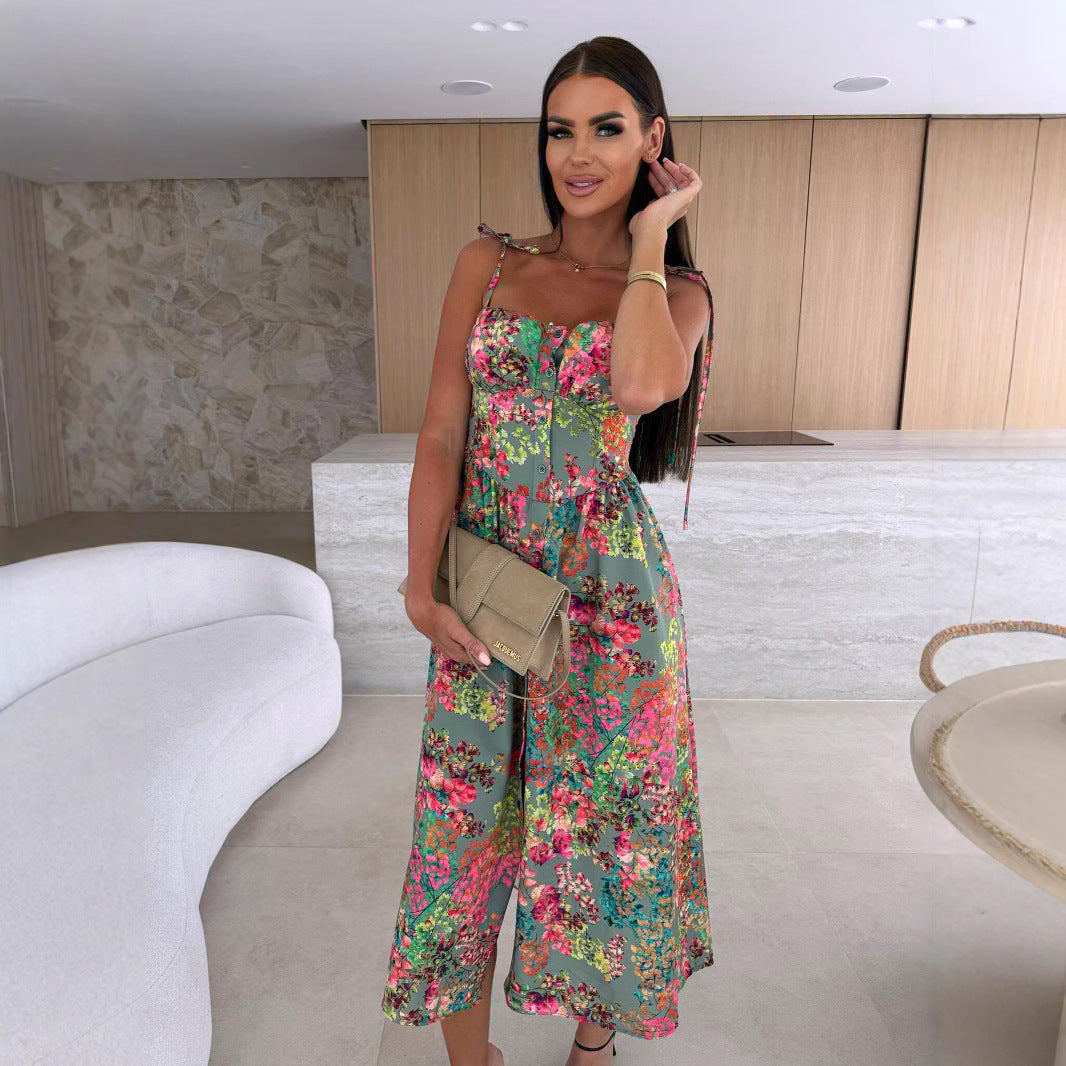 Dame Floral Print Midi Kjole med Ruffles Stropper Stilla