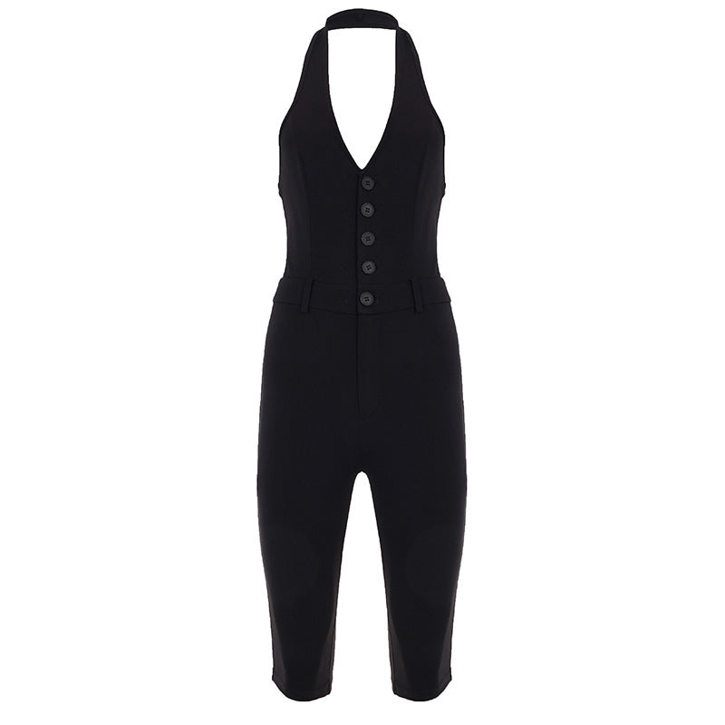 Dame jumpsuit med dyb V-udskæring og elegant knapdetalje Skovae
