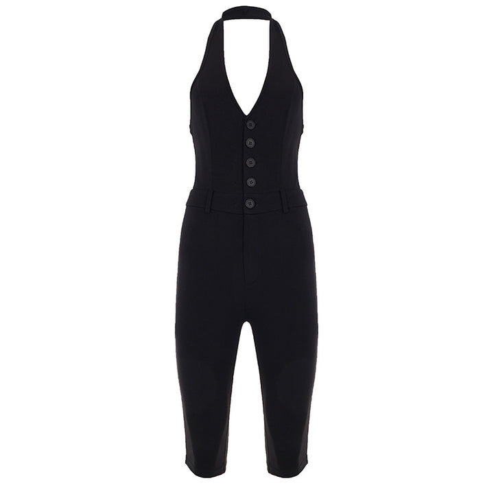 Dame jumpsuit med dyb V-udskæring og elegant knapdetalje Skovae