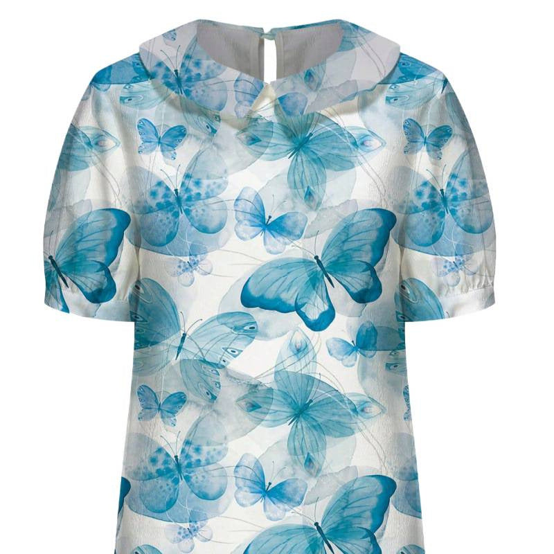 Dame kortærmet bluse med florale accenter og klassisk krave Skovae
