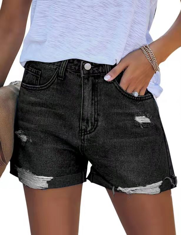 Dame jeansshorts med moderigtige revner og omviklet kant Stilla