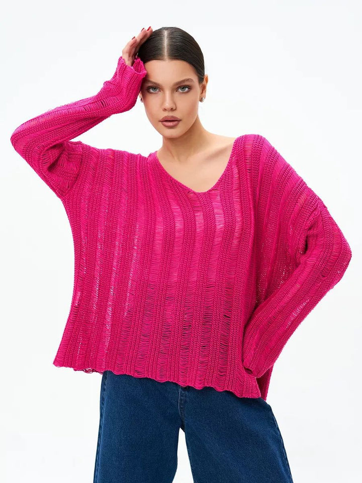 Dame store størrelse sweater i let strikmateriale med raffineret hulmønster Stilla