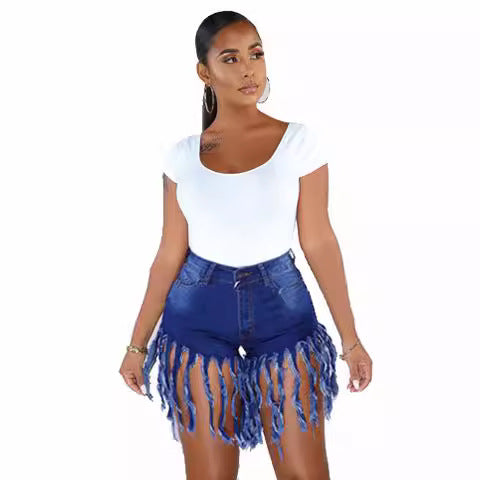 Dame jeans shorts med frynset detaljer og høj talje Stilla