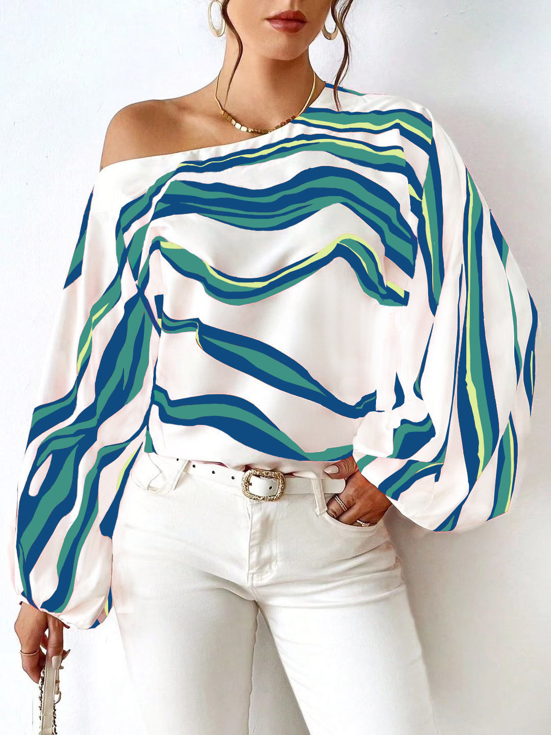 Dame Off-Shoulder Satin Bluse med ballonærmer Stilla