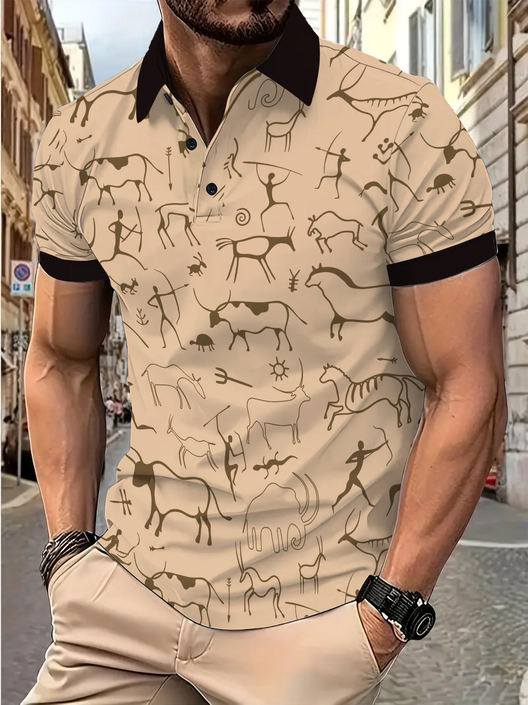 Herrer polo t-shirt med kreativ hulemaleri tryk og åndbare egenskaber Stilla