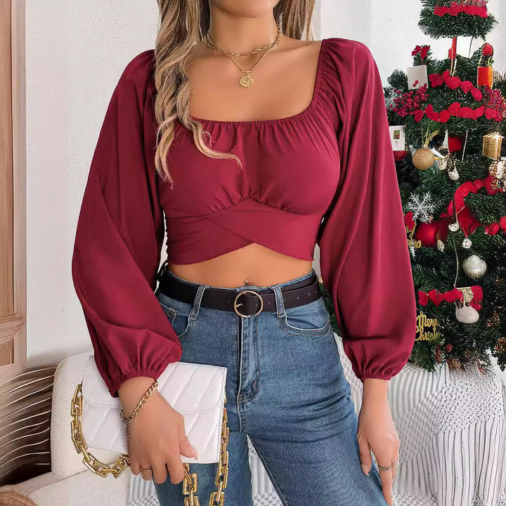 Dame Cropped Bluse med udvidede ærmer og knude detaljer Stilla