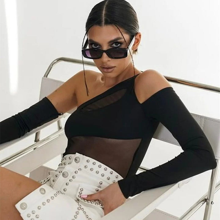 Dame Langærmet Top med asymmetrisk Cut-Out og transparente indsatser Stilla
