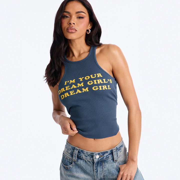Damen Figurbetontes Crop-Top mit kreativem Schriftzug Skovae