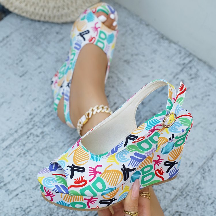 Dame Wedge-sandaler med farverigt grafikdesign og justerbar rem Stilla
