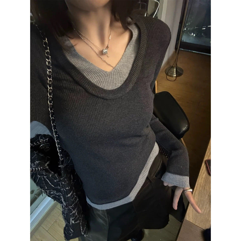 Damer V-hals finstrikket sweater med kontrastmanchetter Stilla