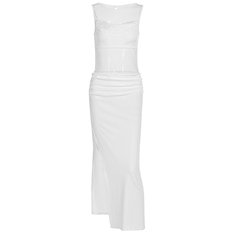 Dame Elegant Wrap Kjole med gennemsigtige indsatser og sidelæg Skovae