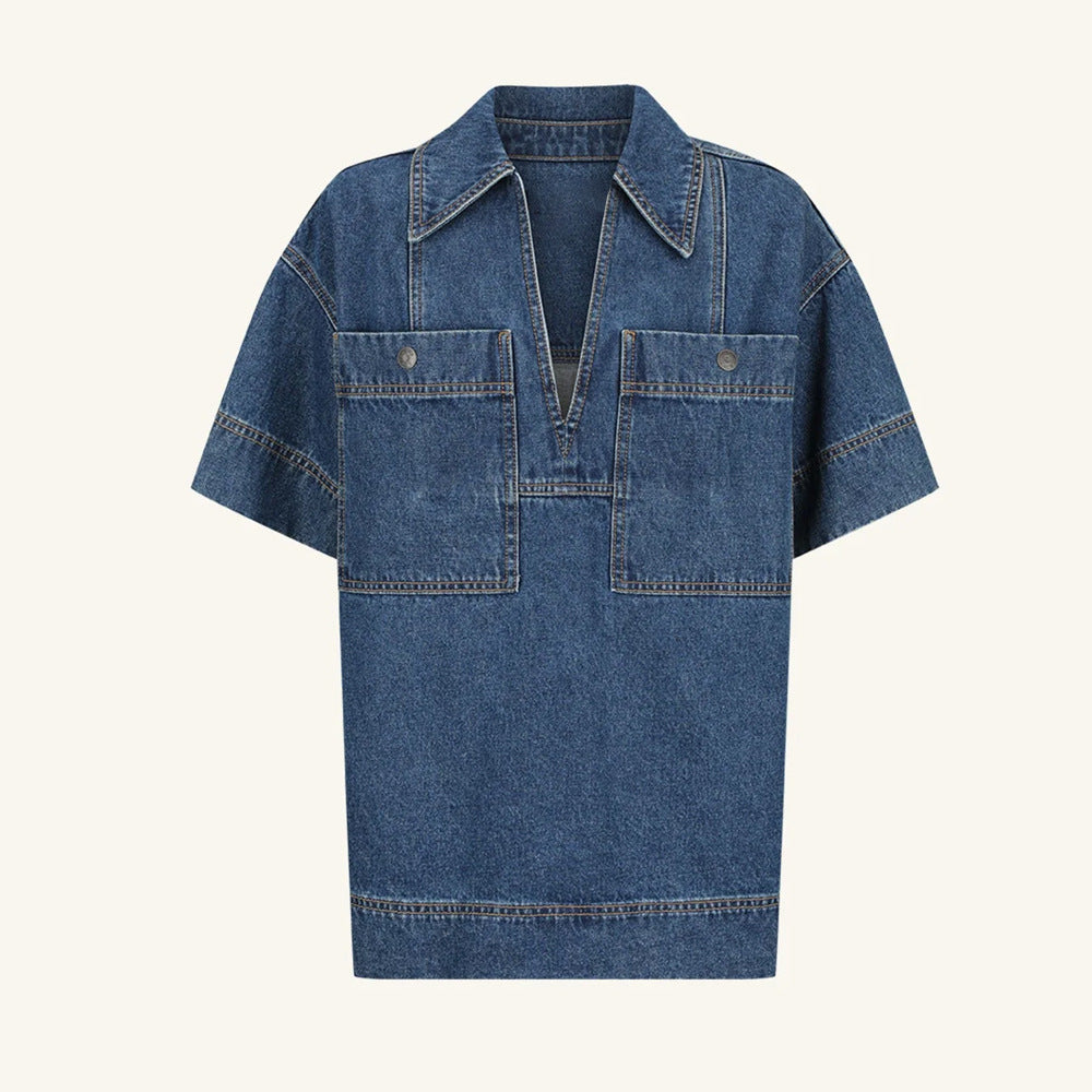 Dame Mode Oversized Jeansbluse med praktiske lommer og dyb V-udskæring Stilla