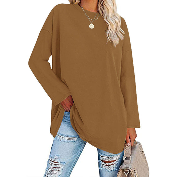 Dame afslappet oversized langærmet t-shirt med dyb rund halsudskæring og sidelange slidser Stilla