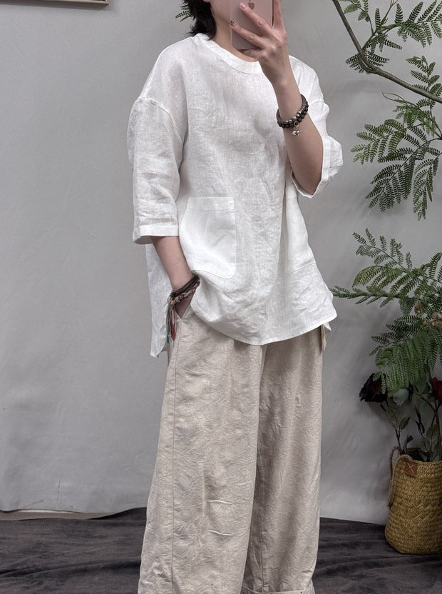 Dame Relaxed Fit Linned Tunika-Oberteil med Lomme Stilla