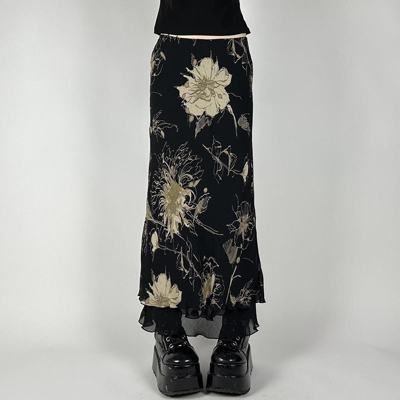 Dame Elegant Maxiskørt med blomsterprint og transparent baggrund Skovae