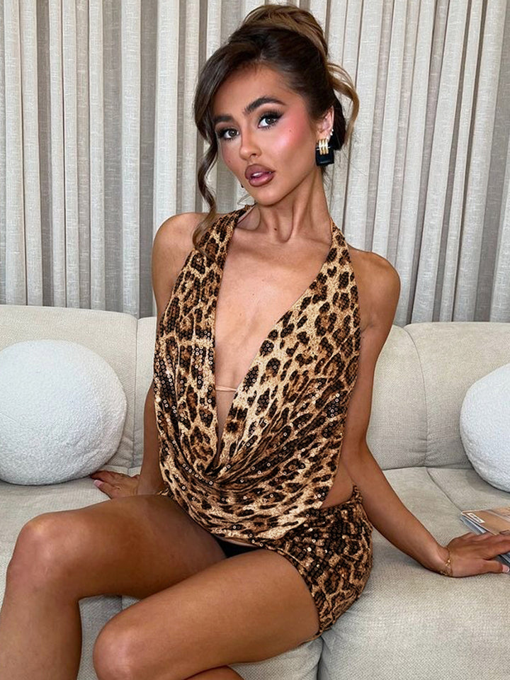 Dame Glitrende Leopardmønster Minikjole Stilla