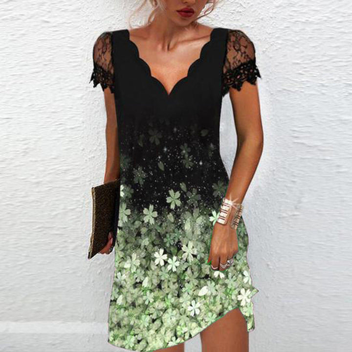 Stilla | Trendy Print Bølge V-hals Blonde Kortærmet Kjole