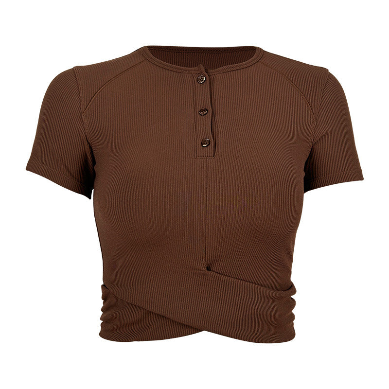 Dame moderigtigt kortærmet Henley-top med elastisk ribdesign Stilla