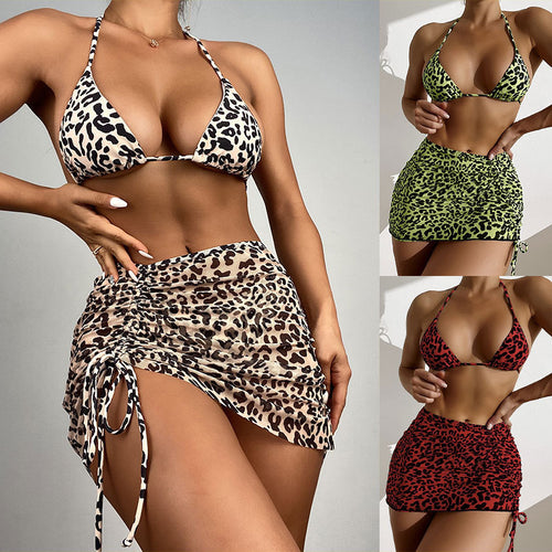 Dame Chic Leopardmønster Bikini-Sæt med rynket Cover-Up Stilla