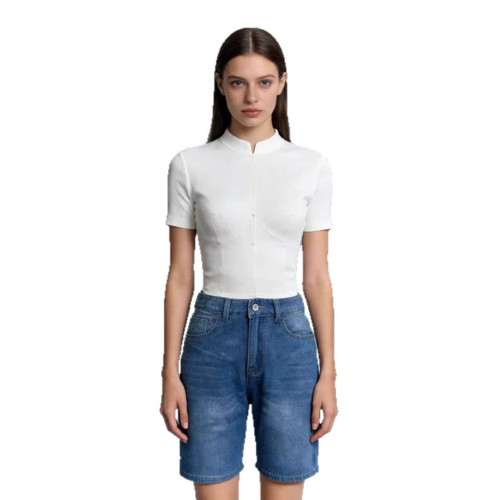 Dame figursyet cropped top med ståkrave og korte ærmer Skovae