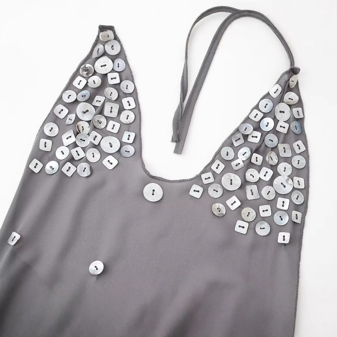 Femme Halter Neck Beaded Flounced Mini Dress Stilla