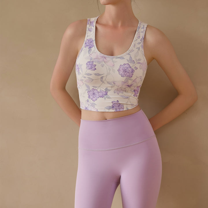 Dame Sporty Crop-Top med farverigt sommerfuglemønster og ergonomisk pasform Stilla