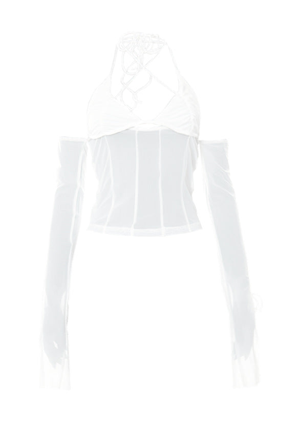 Dame crop-top med gennemsigtigt design og raffinerede flæseærmer Skovae