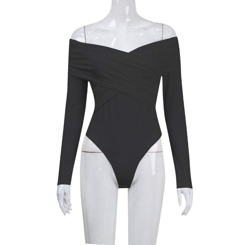 Dame Off-Shoulder Top med raffineret omslagsdesign og lange ærmer Skovae