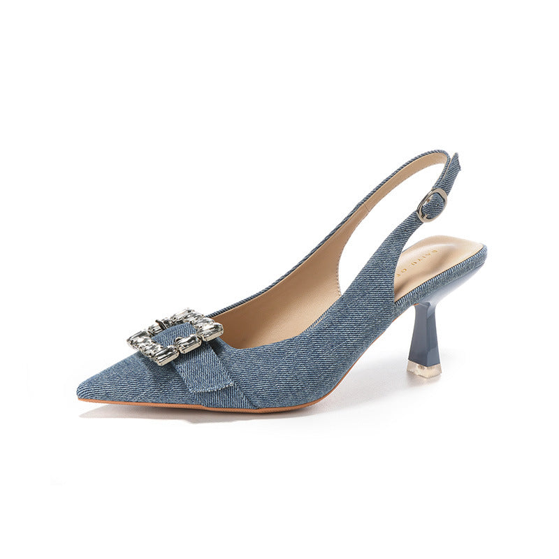 Dame Chic Spids Tå Slingback Hæle med Krystal Spænde Accent Stilla