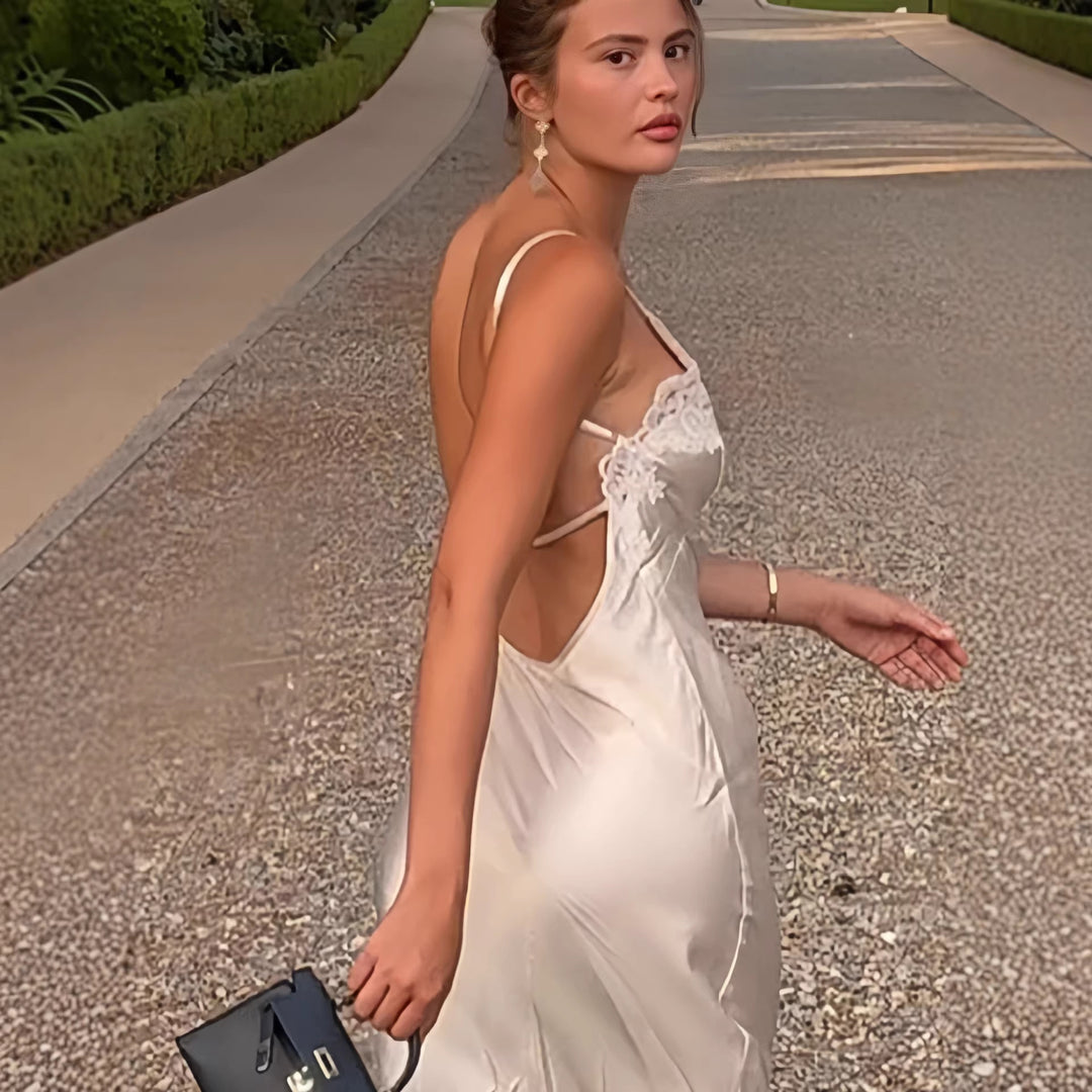 Dame elegante satin maxi kjoler med blondekant og smalt stropdesign Skovae